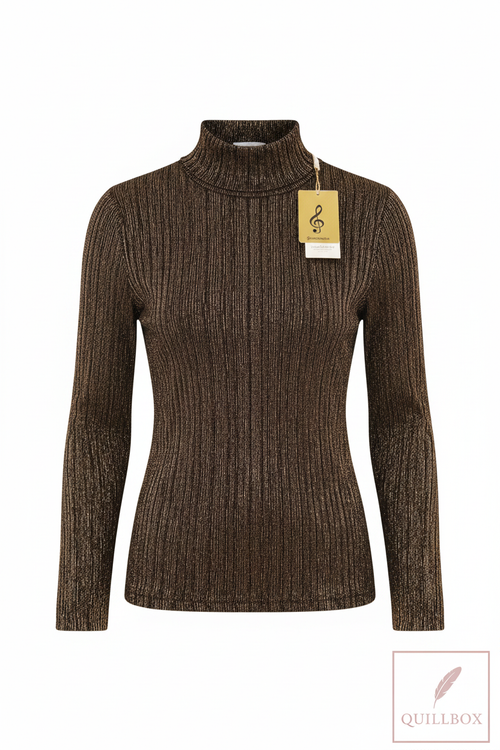 Jersey cuello alto lurex marrón dorado Stradivarius - frontal cercano