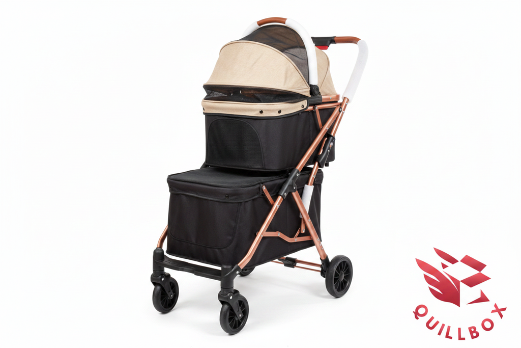 Carrito mascotas doble cesta - vista frontal chasis cobre cesta negra capota beige