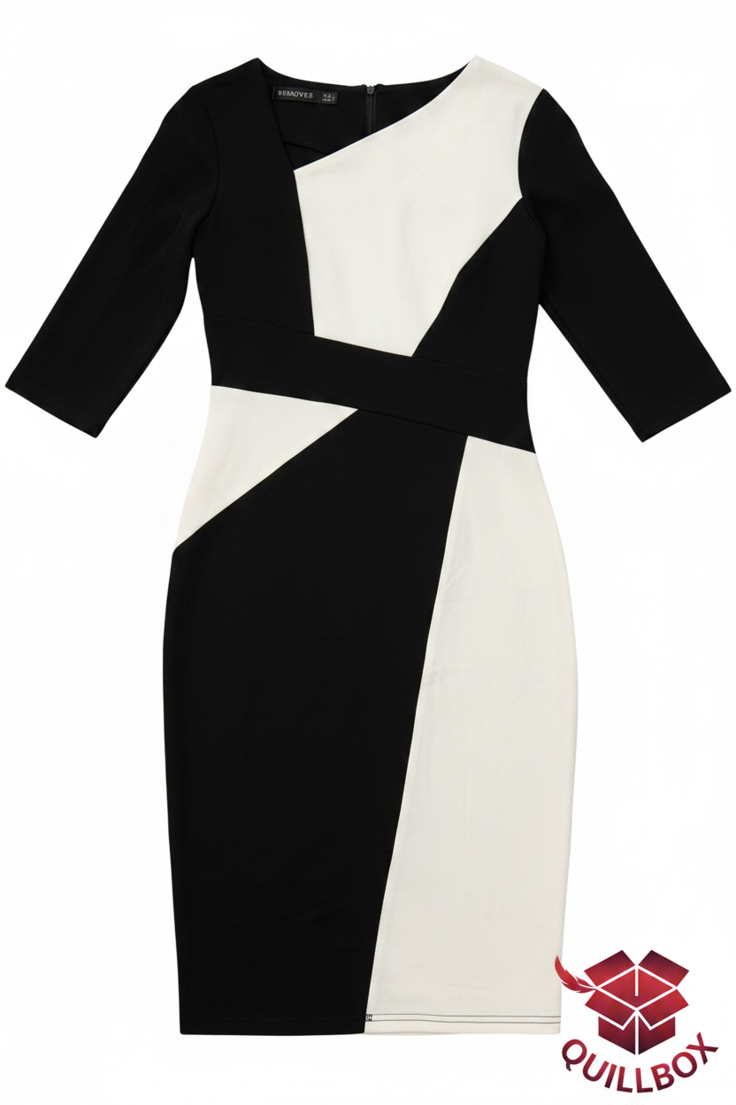 Vestido bodycon bicolor negro blanco HOMEYEE - vista frontal geométrico