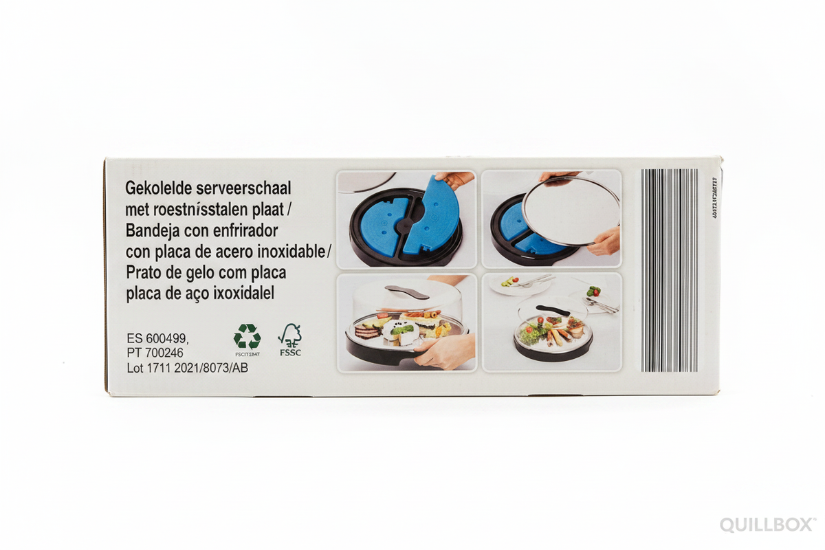 Bandeja enfriadora - panel lateral descripciones multiidioma y certificados FSC