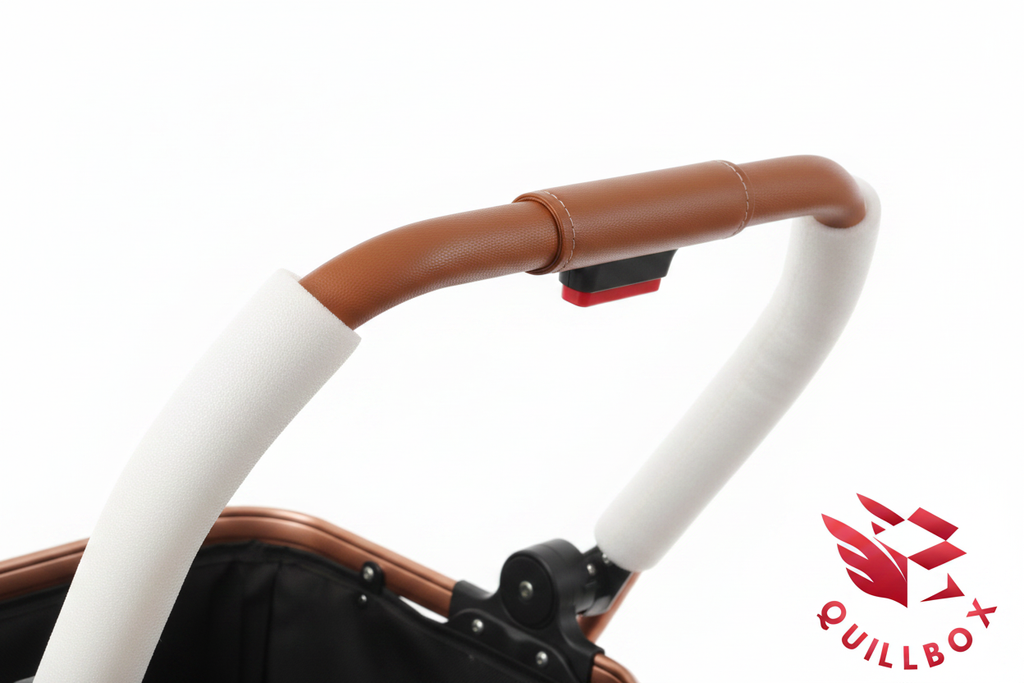 Carrito mascotas - detalle mando espuma blanca grip marrón botón rojo