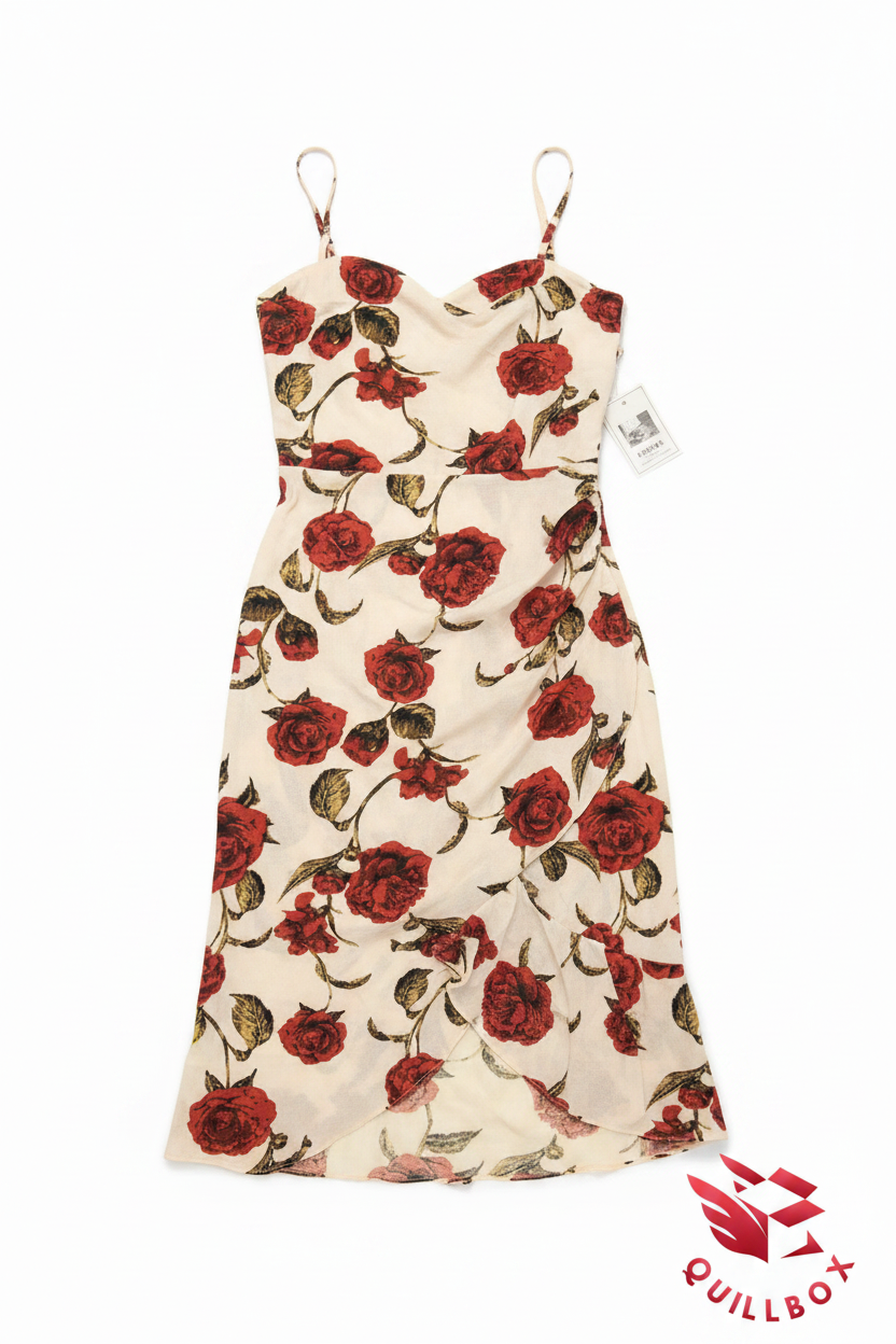 Vestido midi rosas rojas crema - vista frontal completa tirantes frunce volante