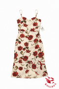 Vestido midi rosas rojas crema - vista frontal completa tirantes frunce volante